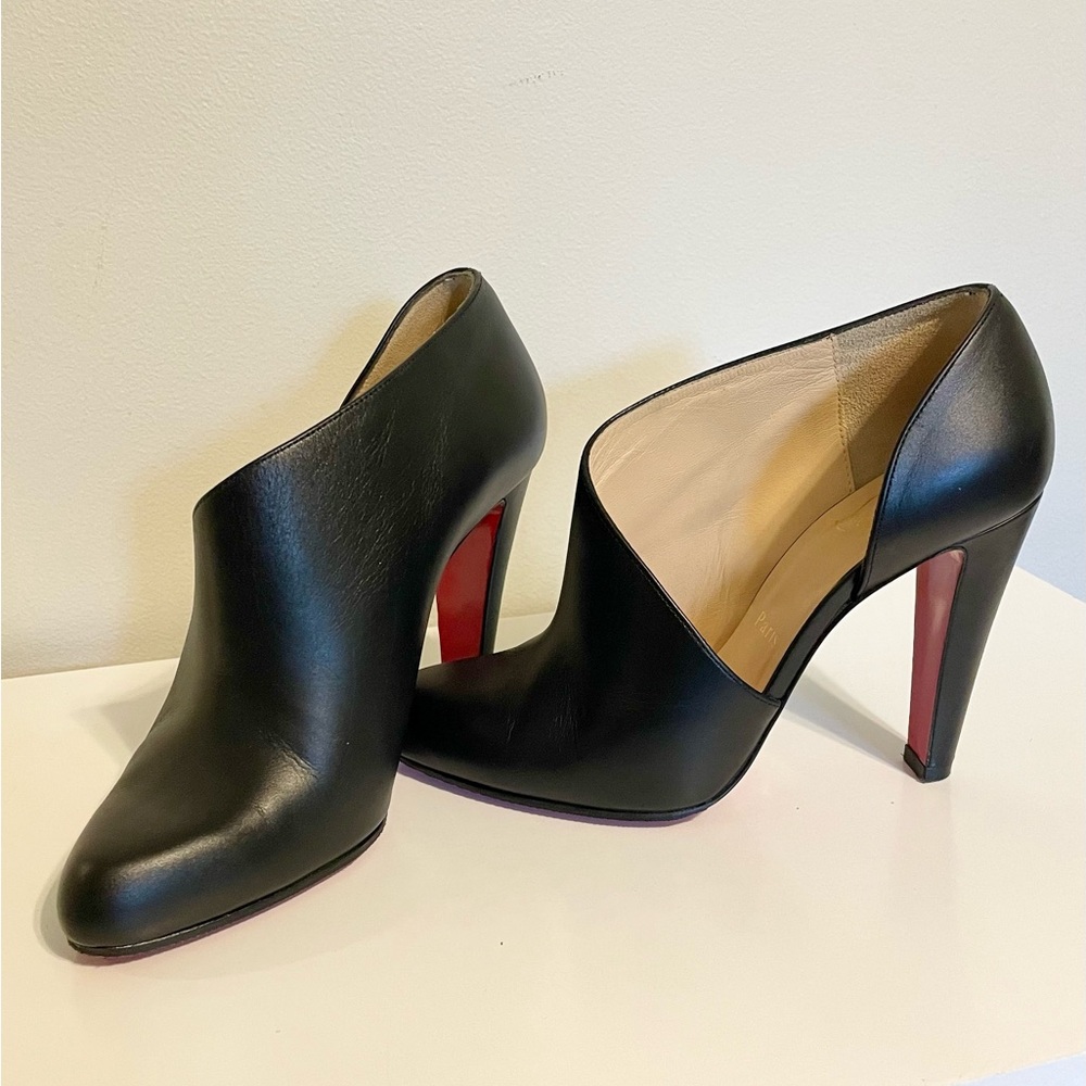 Christian Louboutin Black Leather Heeled Boots with Red Soles